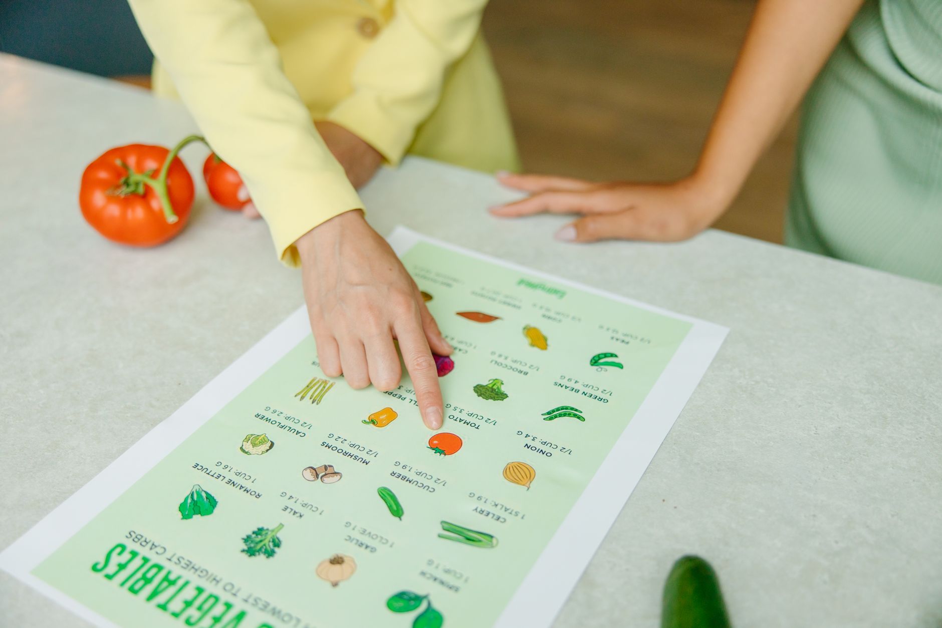 A person at a kitchen table with a laptop and fresh groceries, planning weekly meals.